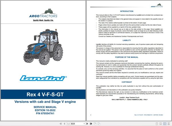 Landini Tractor REX 4 080V to REX 4 120GT Service Manual 6705547A1 EN 1