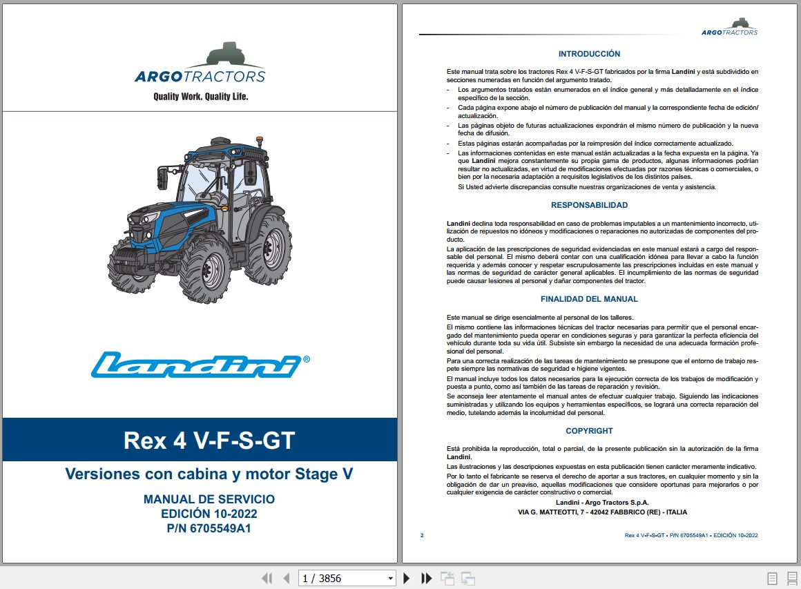 Landini Tractor REX 4 080V to REX 4 120GT Service Manual 6705549A1 ES 1
