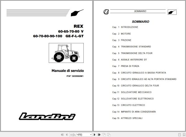 Landini Tractor REX 60V to 100GT Service Manual 3659960M1 IT 1
