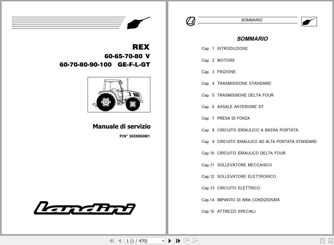 Landini Tractor REX 60V to 100GT Service Manual 3659960M1 IT 1