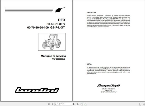 Landini Tractor REX 60V to 100GT Service Manual 3659960M2 IT 1