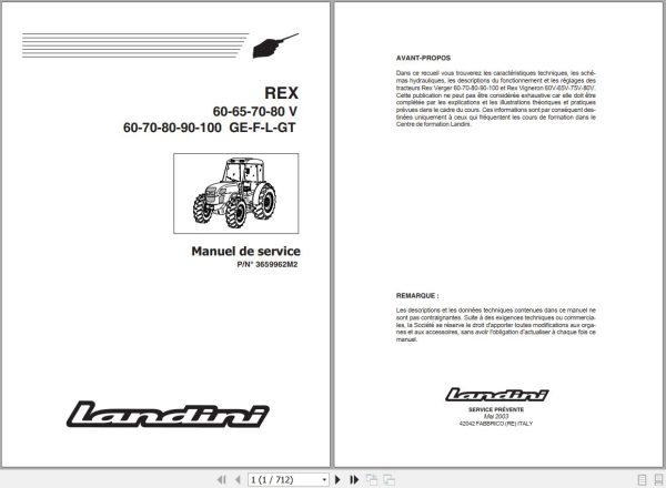 Landini Tractor REX 60V to 100GT Service Manual 3659962M2 FR 1