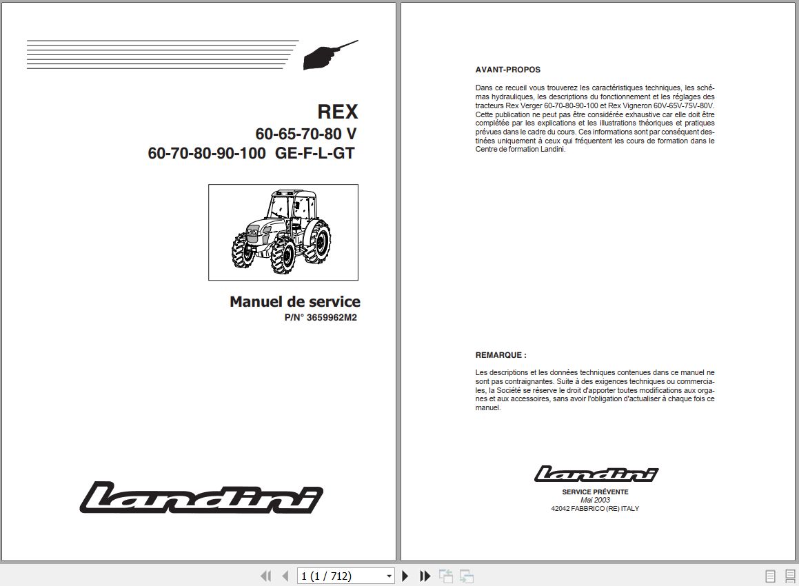 Landini Tractor REX 60V to 100GT Service Manual 3659962M2 FR 1