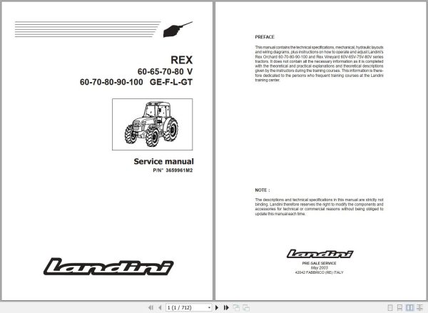 Landini Tractor REX 60V to REX 100GT Service Manual 3659961M2 EN 1