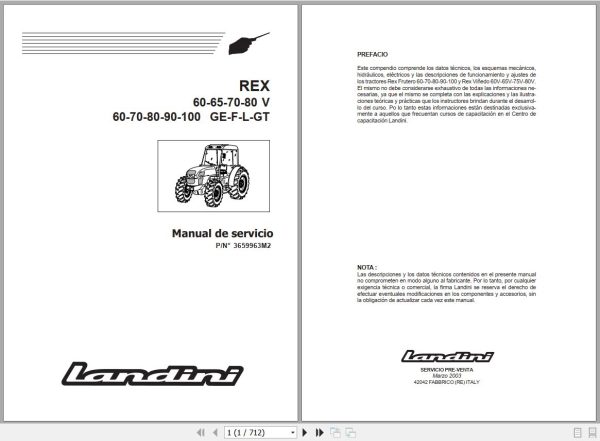 Landini Tractor REX 60V to REX 100GT Service Manual 3659963M2 ES 1