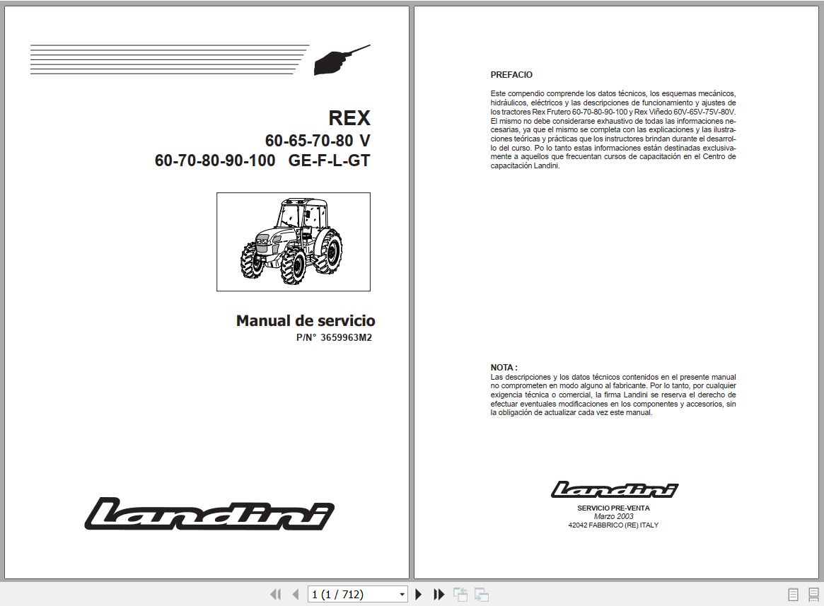 Landini Tractor REX 60V to REX 100GT Service Manual 3659963M2 ES 1