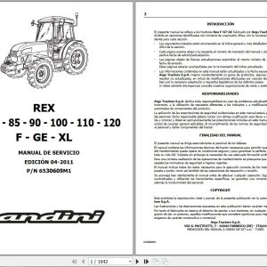 Landini Tractor REX 70F to REX 120XL Service Manual 6530609M1 ES 1