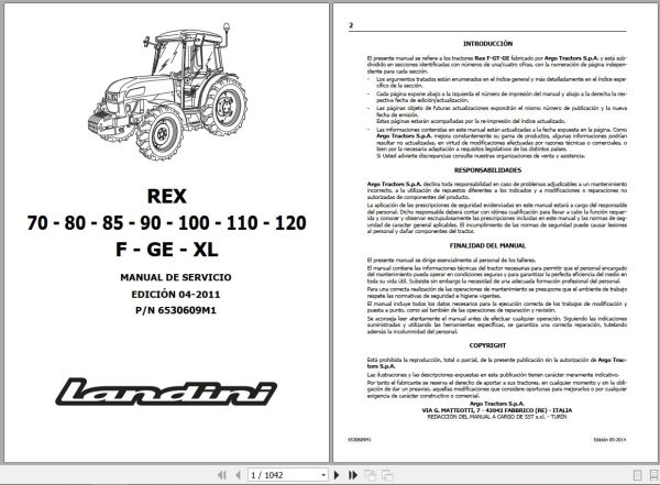 Landini Tractor REX 70F to REX 120XL Service Manual 6530609M1 ES 1