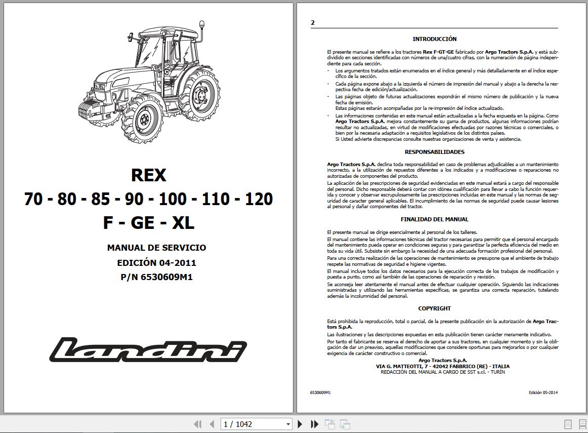 Landini Tractor REX 70F to REX 120XL Service Manual 6530609M1 ES 1