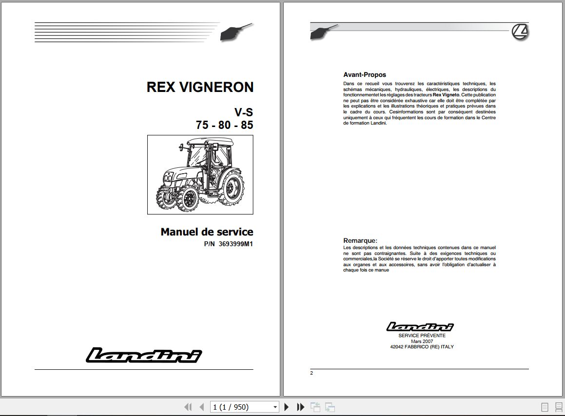 Landini Tractor REX 75V to 85S VIGNERON Service Manual 3693999M1 FR 1
