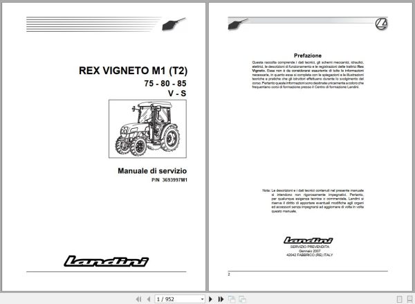 Landini Tractor REX 75V to 85S VIGNETO M1 Tier2 Service Manual 3693997M1 IT 1