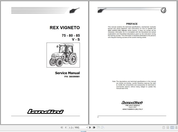 Landini Tractor REX 75V to 85S VIGNETO Service Manual 3693998M1 EN 1
