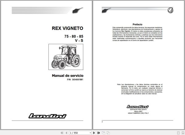 Landini Tractor REX 75V to 85S VIGNETO Service Manual 3694001M1 ES 1