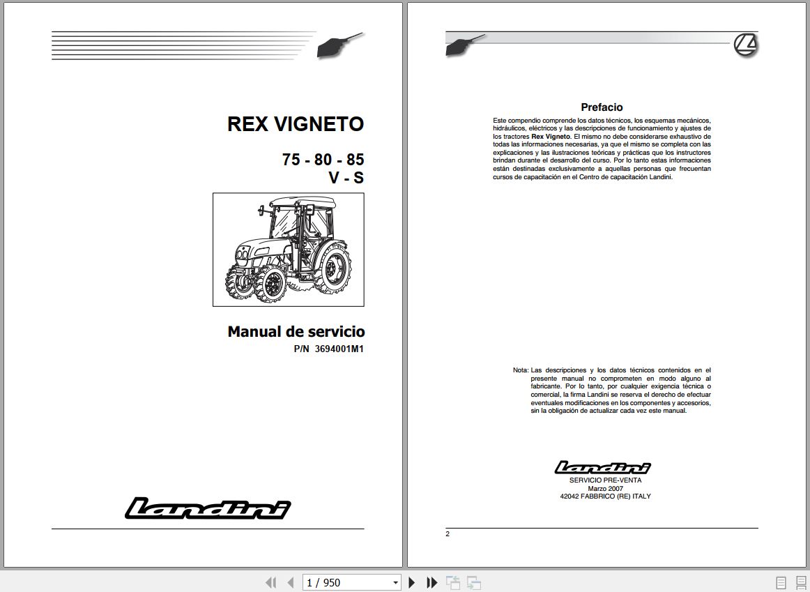 Landini Tractor REX 75V to 85S VIGNETO Service Manual 3694001M1 ES 1