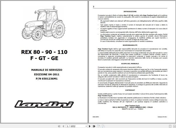 Landini Tractor REX 80F to 110GE Service Manual 6501236M1 IT 1