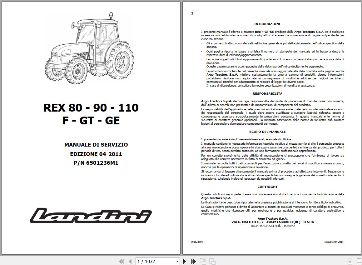 Landini Tractor REX 80F to 110GE Service Manual 6501236M1 IT 1