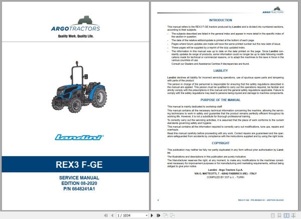 Landini Tractor Rex 3 060 F to Rex 3 080 GE Service Manual 6648241A1 EN 1