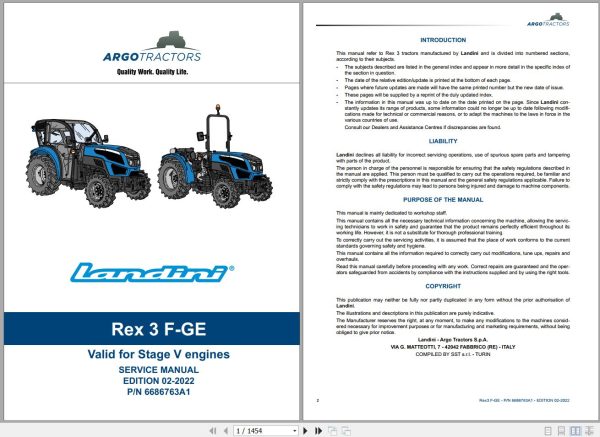 Landini Tractor Rex 3 060 F to Rex 3 080 GE Service Manual 6686763A1 EN 1