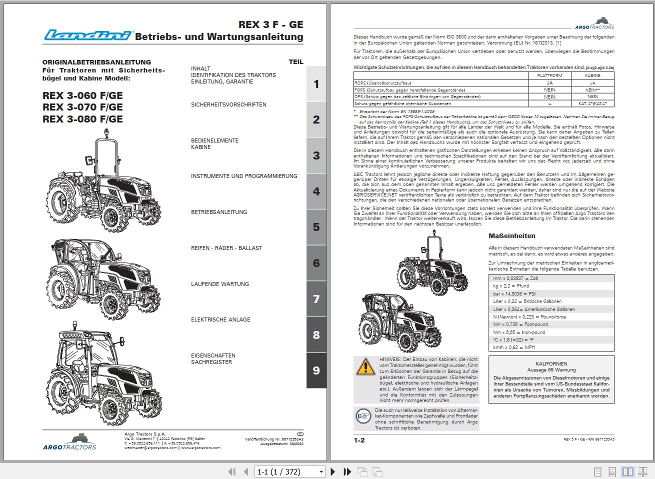Landini Tractor Rex 3 060F to 3 080 GE Operators Maintenance Manual 6671253A3 DE 1