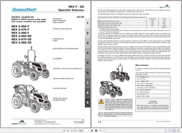 Landini Tractor Rex 3 060F to 3 080GE Operators Maintenance Manual 6701532A1 TR 1