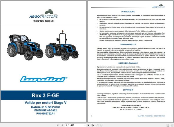 Landini Tractor Rex 3 060F to 3 080GE Service Manual 6686762A1 IT 1