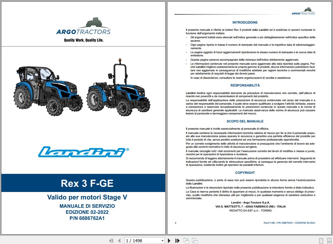 Landini Tractor Rex 3 060F to 3 080GE Service Manual 6686762A1 IT 1