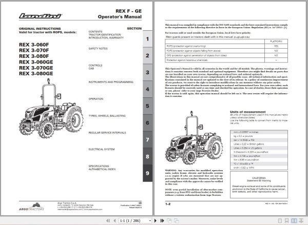 Landini Tractor Rex 3 060F to Rex 3 080GE Operators Maintenance Manual 6647905A1 EN 1