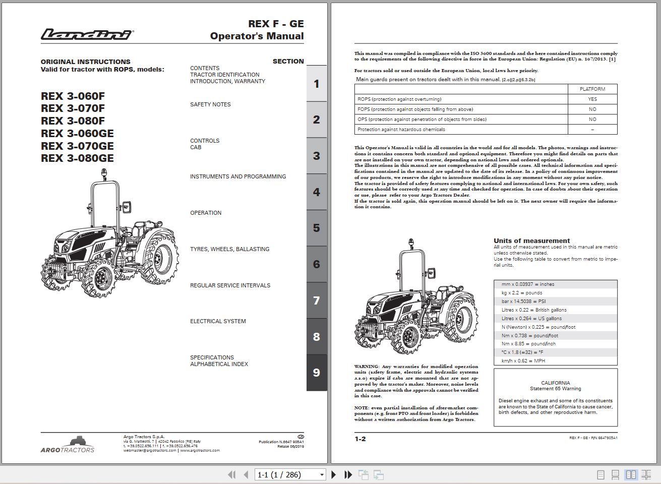 Landini Tractor Rex 3 060F to Rex 3 080GE Operators Maintenance Manual 6647905A1 EN 1