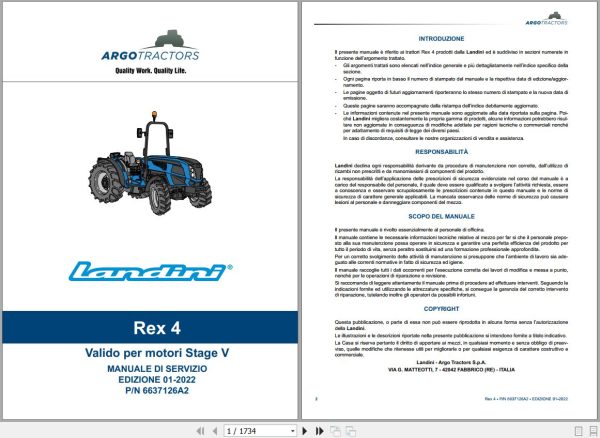 Landini Tractor Rex 4 070 4 080 Service Manual 6637126A2 IT 1