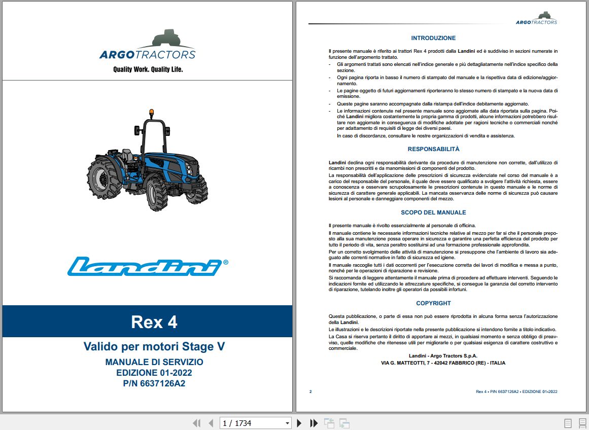 Landini Tractor Rex 4 070 4 080 Service Manual 6637126A2 IT 1