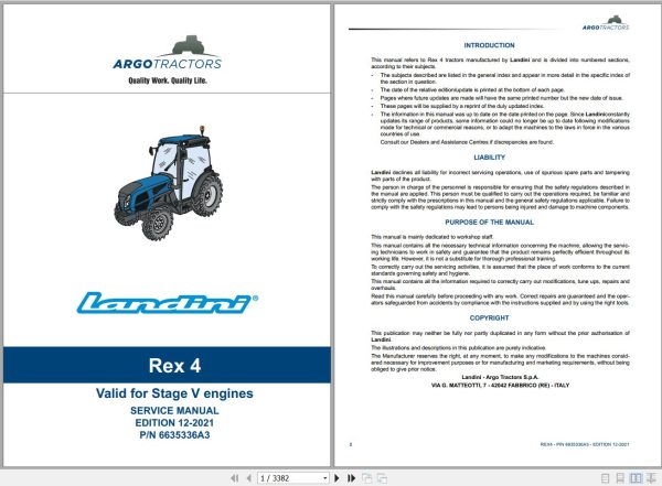 Landini Tractor Rex 4 070 Rex 4 080 Service Manual 6635336A3 EN 1