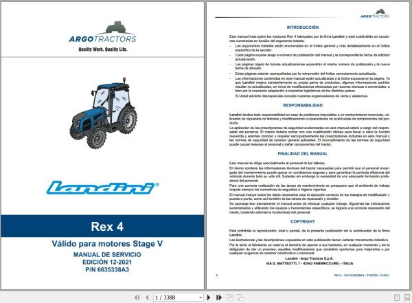 Landini Tractor Rex 4 070 Rex 4 080 Service Manual 6635338A3 ES 1