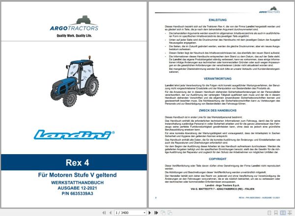 Landini Tractor Rex 4 070 Rex 4 080 Service Manual 6635339A3 DE 1
