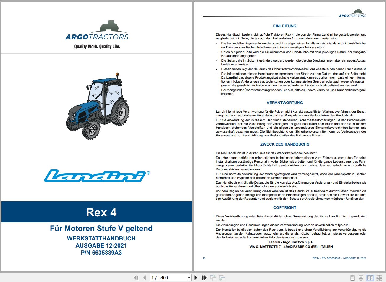 Landini Tractor Rex 4 070 Rex 4 080 Service Manual 6635339A3 DE 1