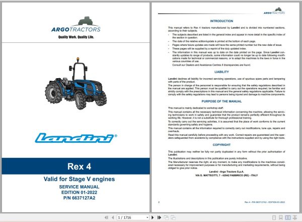 Landini Tractor Rex 4 070 Rex 4 080 Service Manual 6637127A2 EN 1