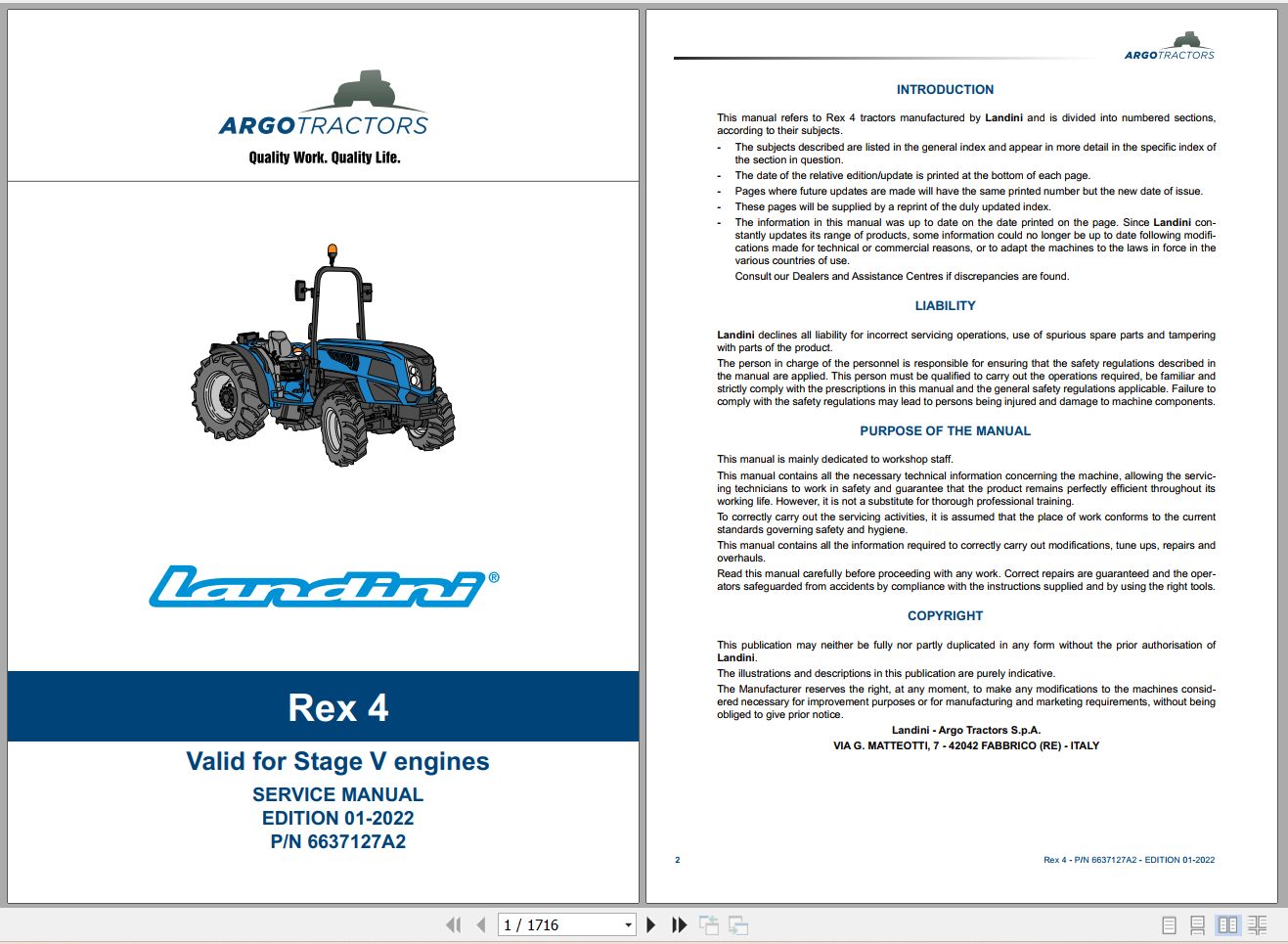 Landini Tractor Rex 4 070 Rex 4 080 Service Manual 6637127A2 EN 1