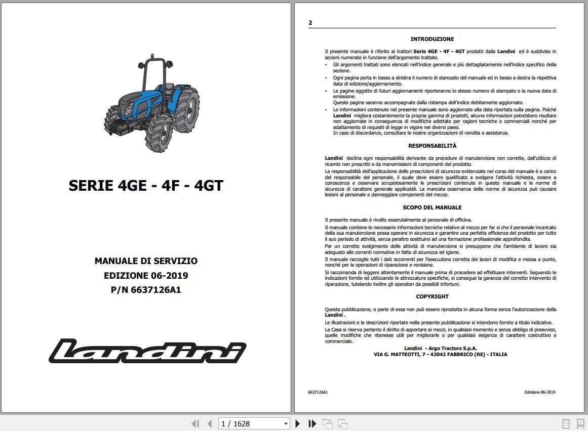 Landini Tractor Rex 4 070F to 4 120GT Service Manual 6637126A1 IT 1
