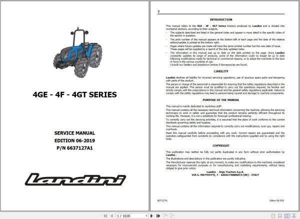 Landini Tractor Rex 4 070F to 4 120GT Service Manual 6637127A1 EN 1