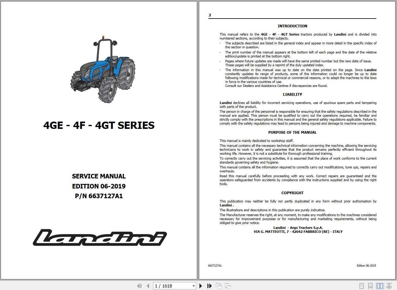 Landini Tractor Rex 4 070F to 4 120GT Service Manual 6637127A1 EN 1