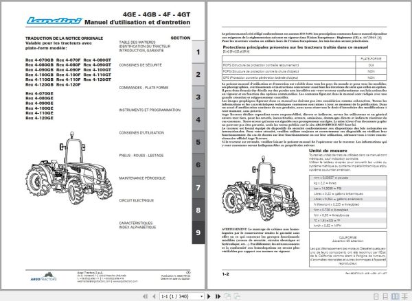 Landini Tractor Rex 4 070GB to 4 120GT Operators Maintenance Manual 6626751A3 FR 1