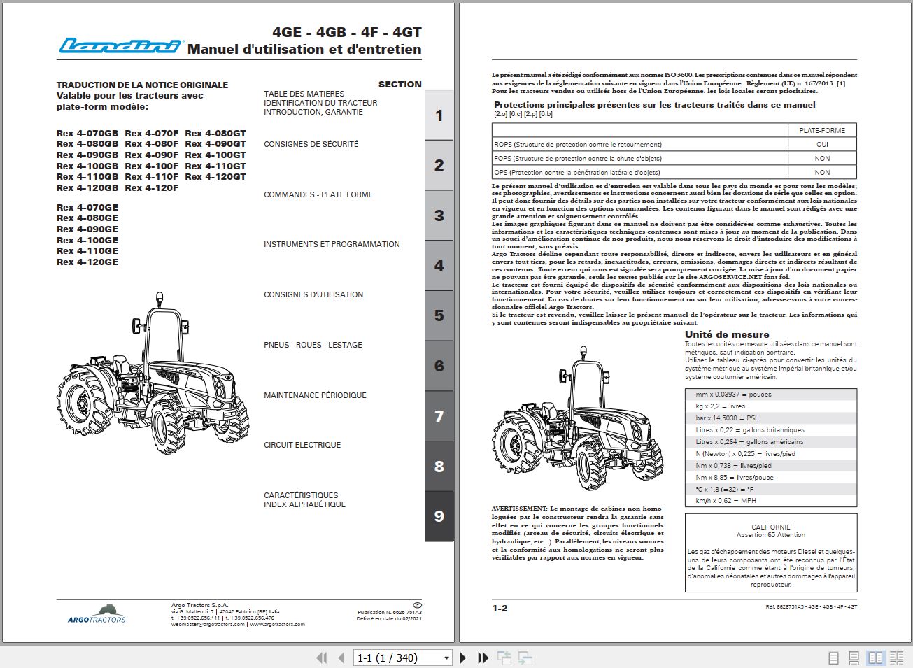 Landini Tractor Rex 4 070GB to 4 120GT Operators Maintenance Manual 6626751A3 FR 1