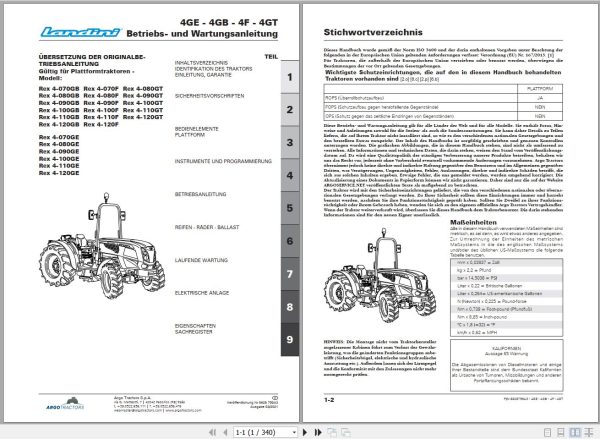 Landini Tractor Rex 4 070GB to 4 120GT Operators Maintenance Manual 6626759A3 DE 1