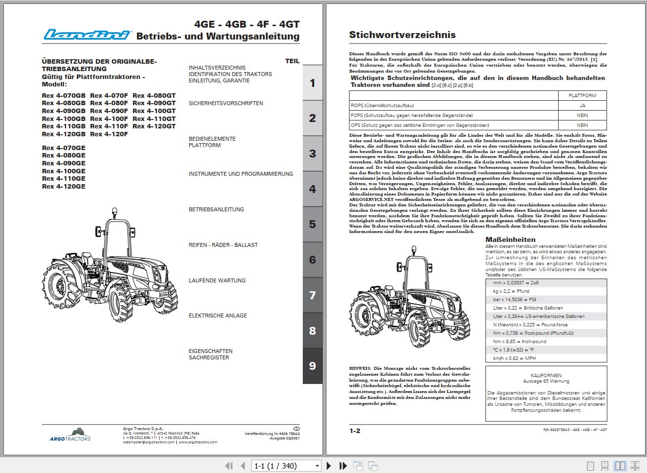 Landini Tractor Rex 4 070GB to 4 120GT Operators Maintenance Manual 6626759A3 DE 1