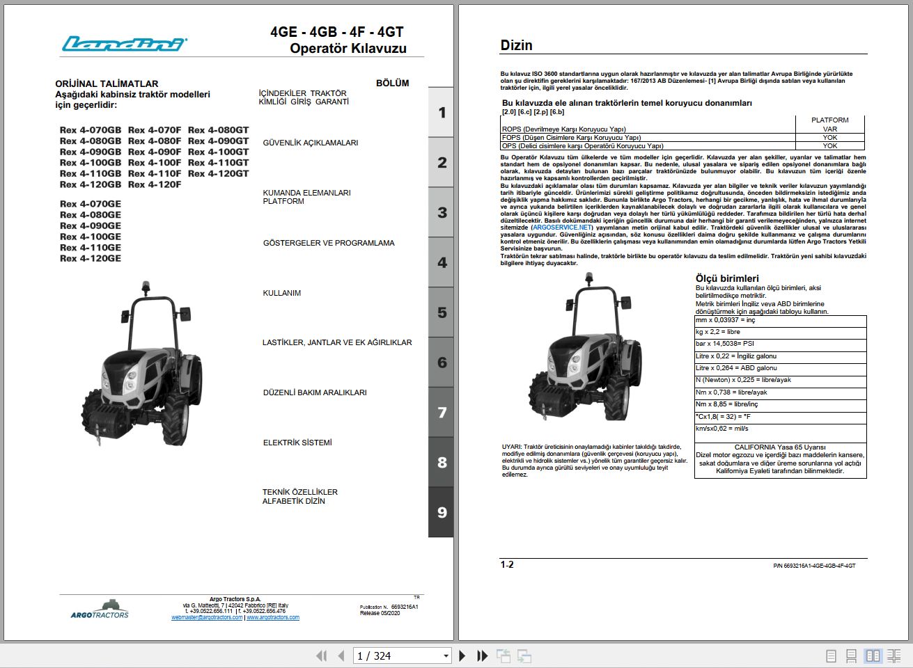 Landini Tractor Rex 4 070GB to 4 120GT Operators Maintenance Manual 6693216A1 TR 1