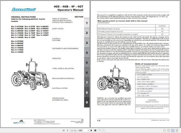 Landini Tractor Rex 4 070GB to Rex 4 120GE Operators Maintenance Manual 6626745A3 EN 1