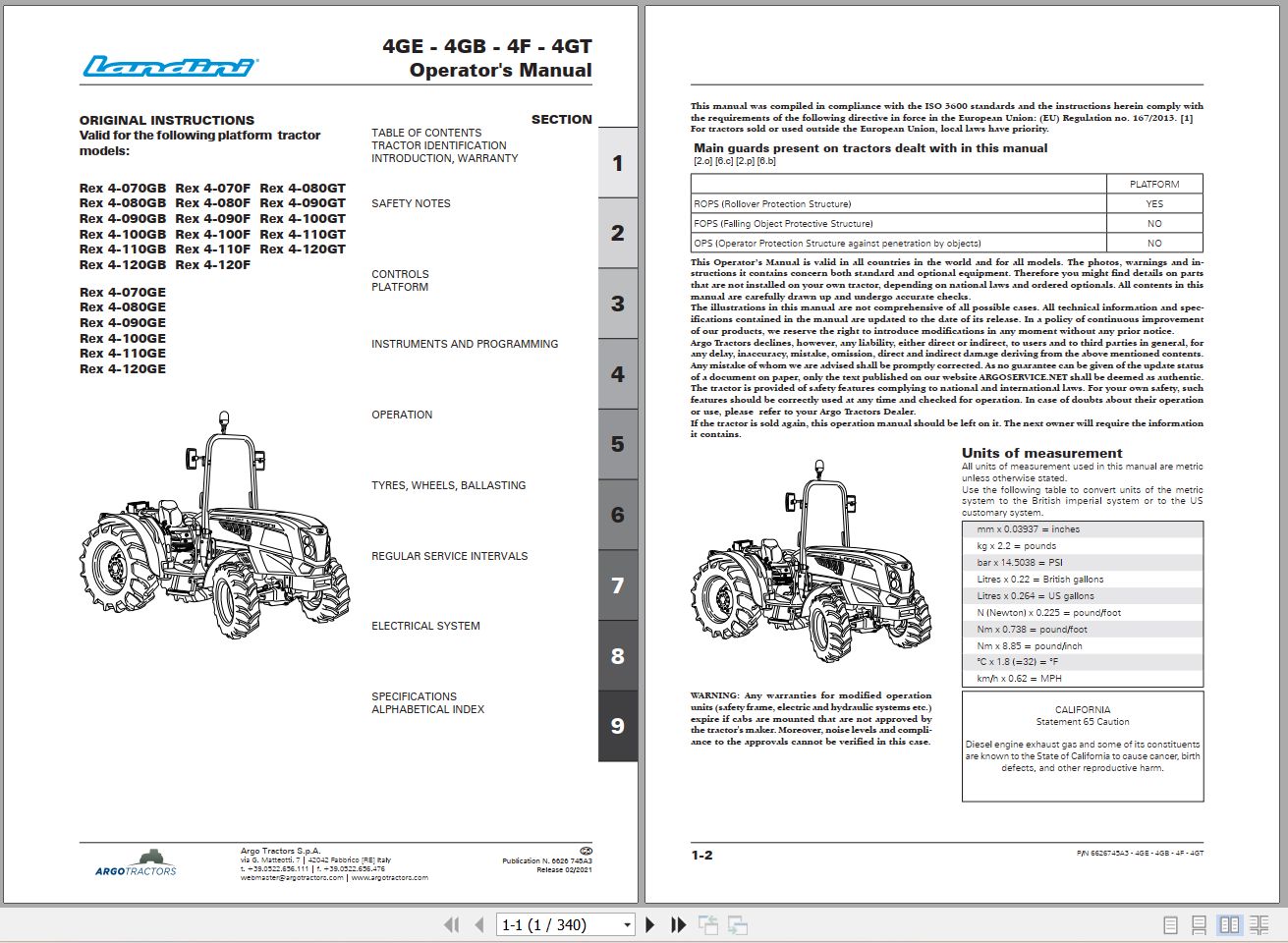 Landini Tractor Rex 4 070GB to Rex 4 120GE Operators Maintenance Manual 6626745A3 EN 1