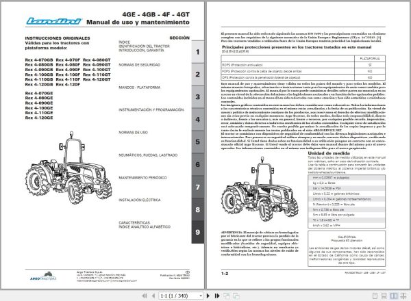 Landini Tractor Rex 4 070GB to Rex 4 120GT Operators Maintenance Manual 6626755A3 ES 1