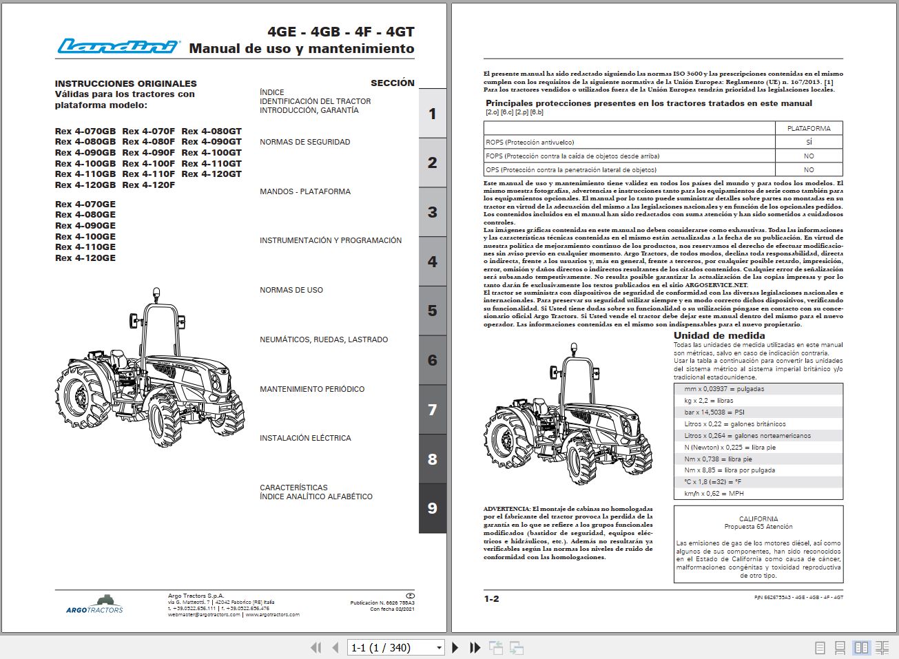 Landini Tractor Rex 4 070GB to Rex 4 120GT Operators Maintenance Manual 6626755A3 ES 1