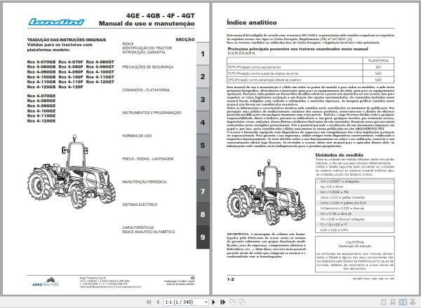 Landini Tractor Rex 4 070GB to Rex 4 120GT Operators Maintenance Manual 6637124A3 PT 1