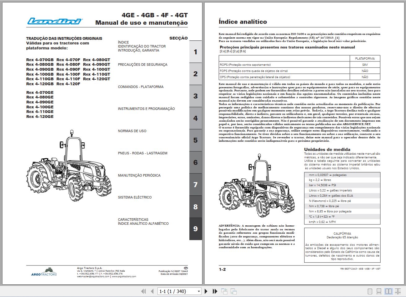 Landini Tractor Rex 4 070GB to Rex 4 120GT Operators Maintenance Manual 6637124A3 PT 1